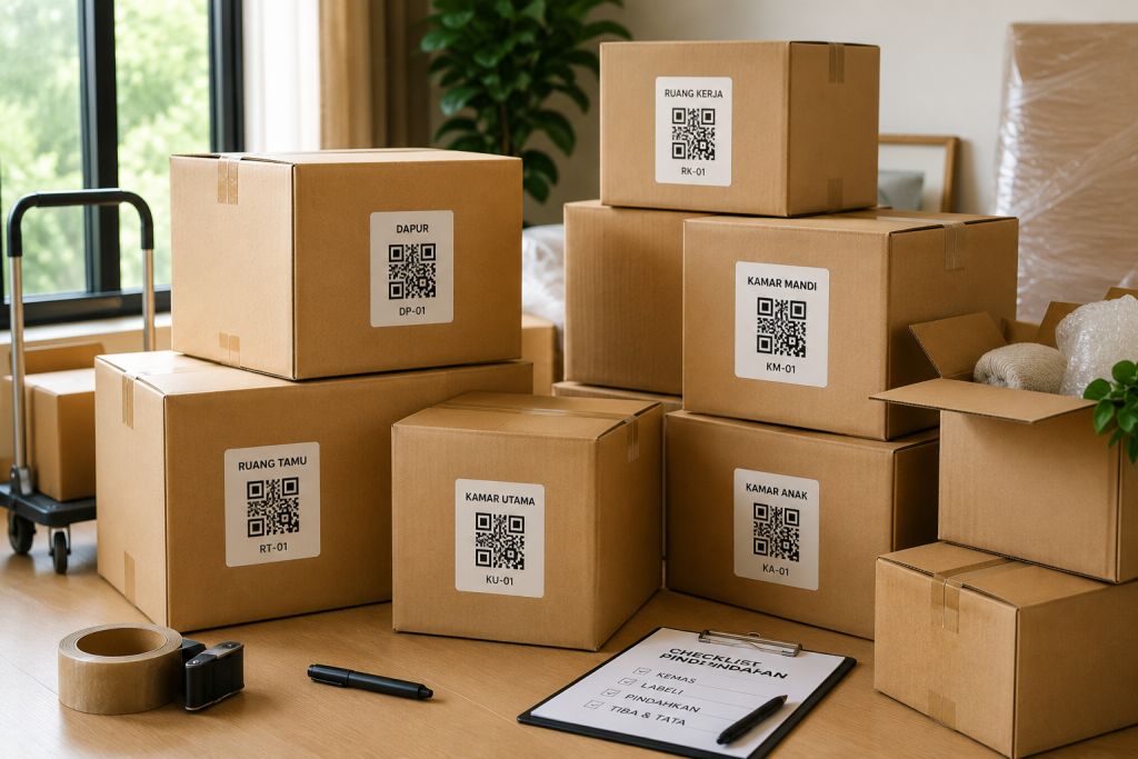 Tumpukan kardus pindahan dengan label